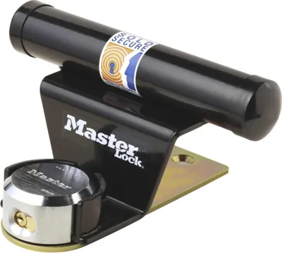 A close-up studio shot of a Master Lock garage door lock set.