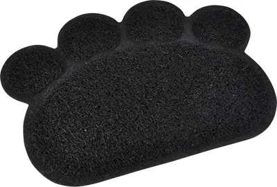 A black paw-shaped mat for a cat litter box.