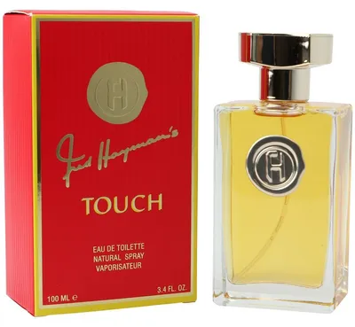 Rechteckige Glasflasche mit goldener Flüssigkeit neben roter Box mit goldener Fred-Hayman-Signatur und H-Logo, Aufschrift „Touch“, 100 ml.