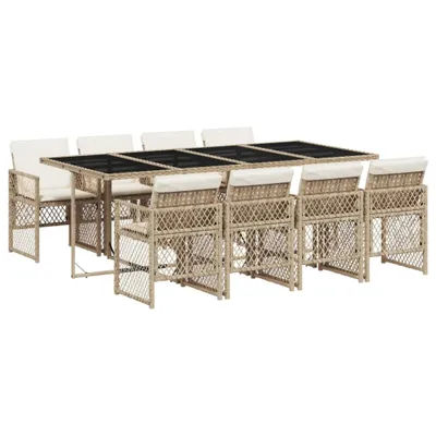 Produktbild von 9-tlg. Garten-Essgruppe mit Kissen Beige Poly Rattan
