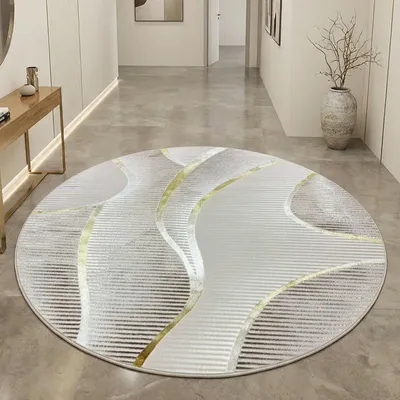 Image de Tapis à poils courts Crème lignes courbes moderne avec effet brillant pour le salon et la chambre Taille - 200 cm Rond