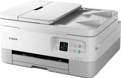 A white and gray Canon PIXMA TS7451i multifunction printer is shown from a front-side angle against a white background.