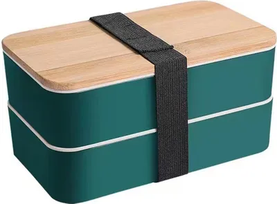 Zdjęcie produktu dla Dwuwarstwowe pudełko bento z wielofunkcyjną drewnianą pokrywką, lunch do pracy, szkoły, domu, 1200 ml, zielone