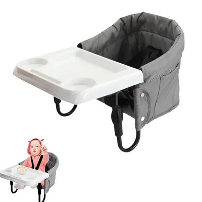 Produktbild von Kinder-Esszimmerstuhl, tragbarer Tisch-Esszimmerstuhl, Hochstuhl kann am Tisch befestigt werden, praktisch für unterwegs, grau, mit Tablett