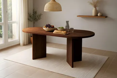 Produktbild von Refurbished Möbelretoure Esstisch oval mit gerader Kante 204x90 cm Akazienholz massiv Nussbaum V-Gestell aus Holz LAURIE