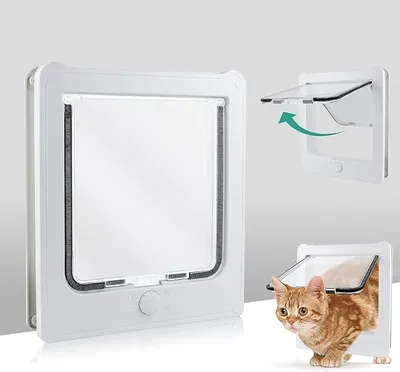 Produktbild von Katzenklappe Katzentür mit 4 Wege Katzenklappe Große Katzen 27.5 x 23.5 cm Katzenklappe für Innentür Winddicht Leise Katzentür für Katzen/Welpen, Weiss