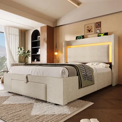 Imagen del producto de Cama tapizada Zerbaco, cama de matrimonio, 90x200 cm, con espacio de almacenamiento hidráulico, cabecero con compartimento de almacenamiento, iluminación LED, puertos USB y USB-C, color beige, tejido de lino