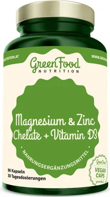 Produktbild von GreenFood Nutrition Magnesium und Zink Chelate + Vitamin D3 90 Kapseln