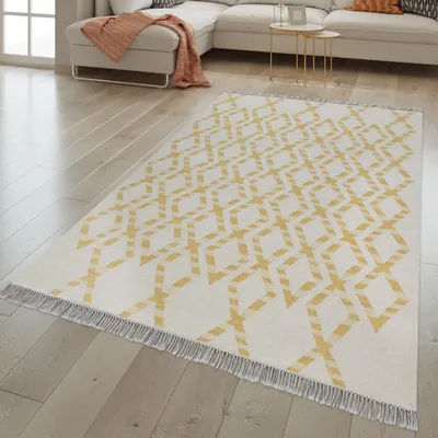 Produktbild von TT Home Wohnzimmer Teppich Handgewebt Geometrisches Skandi Design Wolle Baumwolle Gelb Größe 80x150 cm