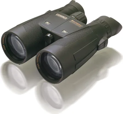 A pair of black Steiner Ranger Xtreme binoculars is shown on a white background with a subtle reflection.