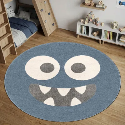 Productafbeelding van Spelmat blauw met monstergezicht, rond, diameter 120 cm, AI-gegenereerde afbeelding