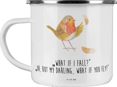 Produktbild von Mr. & Mrs. Panda Teetasse Rotkehlchen Federn - Weiß - Geschenk, Haferl, Teebecher, Motivationsbilder, Spruch Motivation, Pott, Vogel, Emaille Tasse, Becher, fliegen