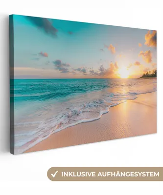 Produktbild von MuchoWow® - Leinwandbilder - Sonnenuntergang - Strand - Meer - Sommer - Blau, Wandbild, Wanddeko Bilder Wohnzimmer, 30x20 cm