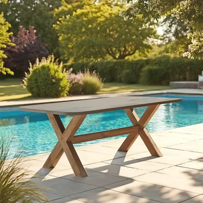 Produktbild von NESTOR – Esstisch 200 x 100 cm in brauner Betonoptik mit Beinen aus Akazienholz