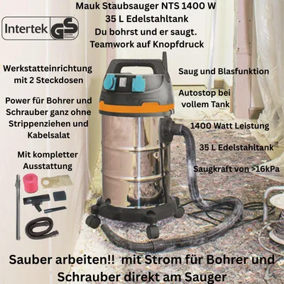 Produktbild von Mauk Staubsauger 1400W Nass Trocken Sauger 35L - Zwei Steckdosen, Einschaltautomatik