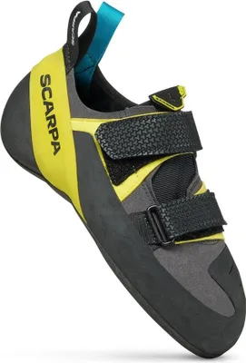 Kletterschuh "Arpia V" von Scarpa in Schwarz und Gelb mit zwei Klettverschlüssen und rutschfester Sohle.