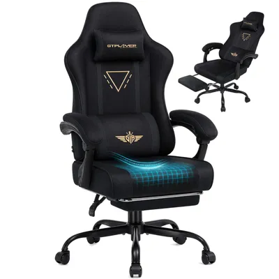 Image de Chaise de gaming GTPLAYER, ergonomique, avec revêtement en tissu, coussin de siège à ressort, accoudoirs réglables et repose-pieds, capacité de poids de 150 kg