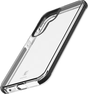 A clear phone case with black trim is shown at an angle against a white background.