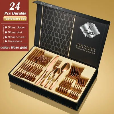 Produktbild von [Besteckset 24 tlg. [Gift Box] in verschiedenen Farben] glänzendes Edelstahlbesteck für. 6 Personen Messer, Gabel, Löffel Cutlery Set mit Geschenkbox, Farben:Rose Gold
