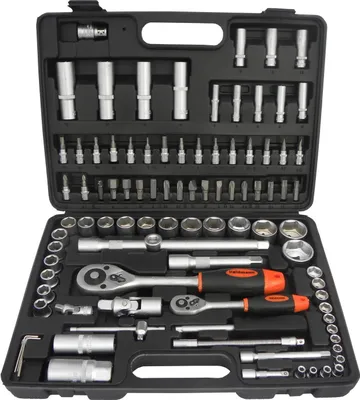 A black plastic case containing a 94-piece socket wrench set.