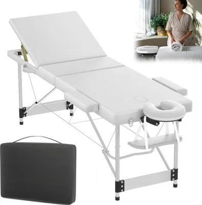Image de UISEBRT Table de massage professionnelle pliante en blanc - table en aluminium à 3 zones, réglable en hauteur & portable avec accessoires pour le bien-être, la cosmétique & la thérapie