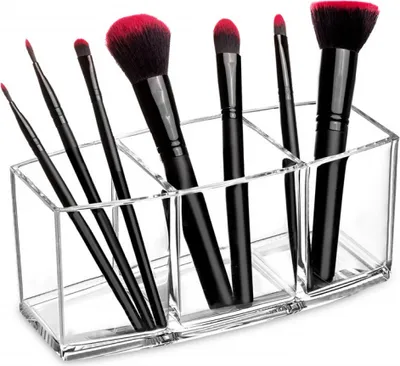Produktbild von Klarer Acryl Pinselhalter – 3 Fächer Make-up Organizer für Schminktisch – Ideal für Pinsel, Eyeliner & Lippenstift – Auch als Stiftehalter