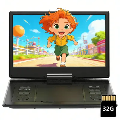 Image de Lecteur DVD portable 15,7 pouces avec écran HD orientable de 14,1 pouces, autonomie de 6 heures, sans restriction de zone, compatible avec plusieurs formats/SD/USB, connexion TV/vidéoprojecteur avec carte TF de 32 Go