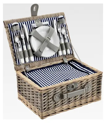 Produktbild von Picknickkorb für 4 Personen - Picknick-Set mit Kühltasche, Geschirr, Besteck, Korkenzieher und Gläsern (blau-weiß)