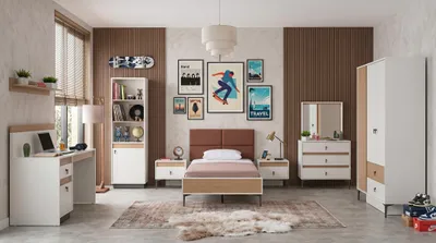 Immagine prodotto di Camera da letto per adolescenti, in bianco: letto, armadio, cassettiera, comodini, scrivania