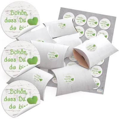 Produktbild von Logbuch-Verlag 48 kleine SCHÖN DASS DU DA BIST Gastgeschenk give-away Verpackung Hochzeit Tischdeko Kommunion Fest Geburtstag Gäste Kunden Schachtel weiß grün Herz
