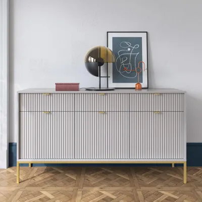 Produktbild von Graue Moderne Geriffelte Kommode KIOTO K3D3SZ Gold Gestell Schrank Sideboard