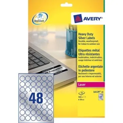 Produktbild von ID-Etikett Avery® - 30 mm Durchmesser - Permanent Kleber - Rund - Laser - Silber - Polyester - Witterungsbeständig, Durable, Schmutzabweisend, Ölbeständig, Spritzwassergeschützt, Reißfest, Temperaturbeständig - 48 / Blatt - 20 Blatt
