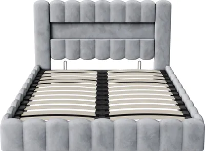 Immagine prodotto di Letto imbottito ProximaX 180x200 cm con LED e USB/Type-C, letto matrimoniale con rete a doghe, rete idraulica e vano contenitore, testata imbottita, tessuto di lino, grigio