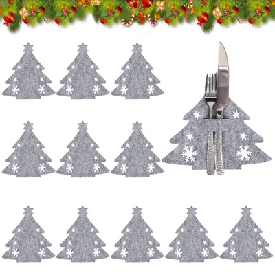 12 Filz-Besteckhüllen Weihnachtsbaum, grau, für Besteck