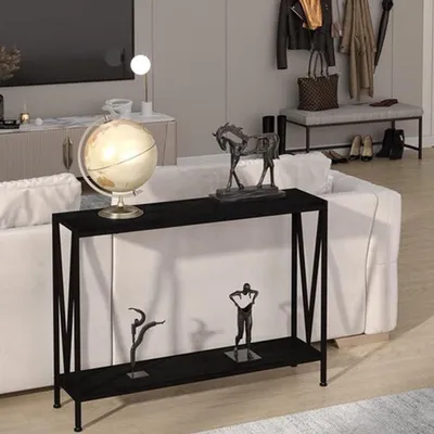 Zdjęcie produktu dla Stolik konsolowy – wąski, dwup poziomowy – 109 cm długości – metalowy – do przedpokoju, holu i salonu – czarny