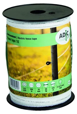 Produktbild von ADIC Weidezaunband 10mm, 250m, weiß, für Weidezaun, 30 kg Bruchlast, 3 x 0,15mm Niro, Elektrozaunband, Weidezaun Band, Band für Weidezaun, Elektrozaun