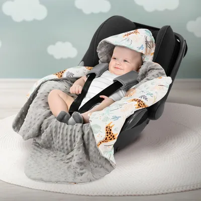 Joyz Einschlagdecke mit Kapuze, Safari mit grauem Minky, 100% Baumwolle, Doppelseitig, Universal für Babyschale, Autositz, Kinderwagen oder Buggy