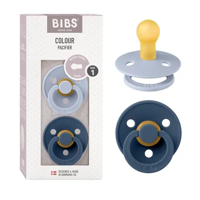 Produktbild von BIBS Colour Schnuller 2er-Pack, BPA-frei, Kirschform Nippel. Naturkautschuk / Latex, Hergestellt in Dänemark. Größe 1 (0-6 Monate), Dusty Blue / Steel Blue