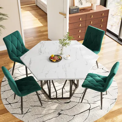 Image de OKWISH Table À Manger Hexagonale - Avec Pieds Métal Noir, Plateau MDF Blanc, 115,5 x 100 x 75 cm - Blanc