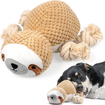 Produktbild von Hundespielzeug Kuscheltier RAGI Welpenspielzeug Kauspielzeug große kleine Hunde quietschend Faultier Plüsch Seil Baumwolle Zerrspielzeug Zahnreinigung