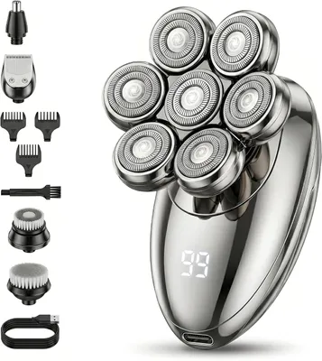 Produktbild von Glatzen Rasierer(Silber)5 in 1 Kopfrasierer mit 7 Scherköpfen,Magnetisch, IPX6 Wasserdicht, Nass & Trocken, LED Display, Typ-C, 60 Min