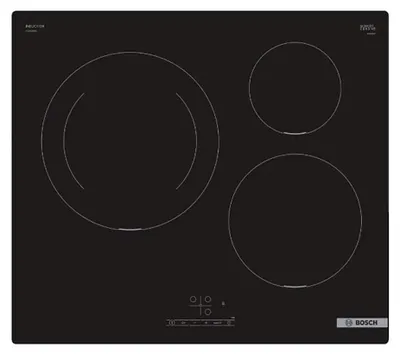 A top-down view of a black induction cooktop with three heating elements.