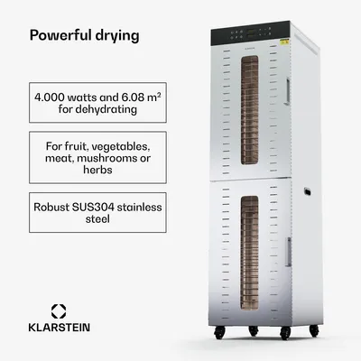 Obrázek produktu pro Výkonná sušička potravin Klarstein, komerční sušička potravin, kuchyňský robot – objemný, zdravý a bezpečný, uživatelsky přívětivý, snadno se čistí – pro výživné sušené ovoce a další!
