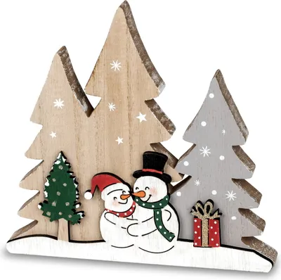 Produktbild von Deko Schneemann Paar vor Tannen Bäume Weihnachts Holz Figur Skulptur Statue