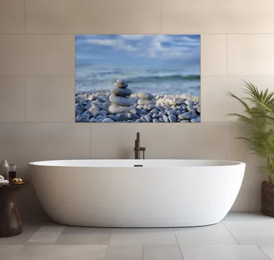 Produktbild von Wallario wasserfestes Poster selbstklebend 70 x 100 cm, Steinstapel am Strand, Badezimmerposter Spritzschutz mit Hochglanzoberfläche in Glasoptik