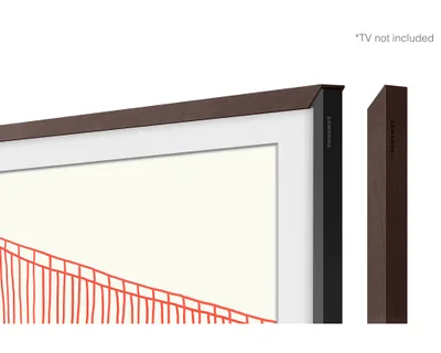 A close-up view of a brown frame for a Samsung TV, with a separate frame piece shown to the right.