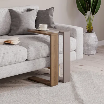 Immagine prodotto di DECORTIE Muju Tavolino moderno a C Effetto rovere Oro Effetto marmo Grigio moka Multiuso, 30 x 40 x 57 cm