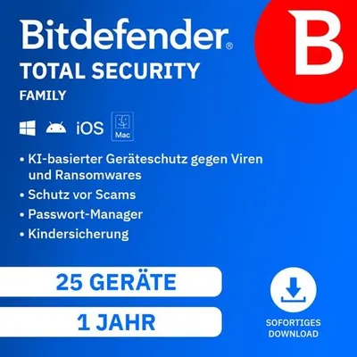Produktbild von Bitdefender Total Security Family / 25 Geräte / 1 Jahr / Lizenz per E-Mail