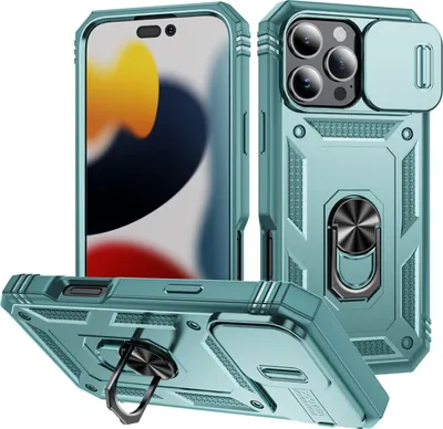 Produktbild von iPhone 16 Pro Max Hülle, Schiebe Kamera Schutz Stoßfest Schutzhülle mit Ringhalterung Ständer für iPhone 16 Pro Max Grün