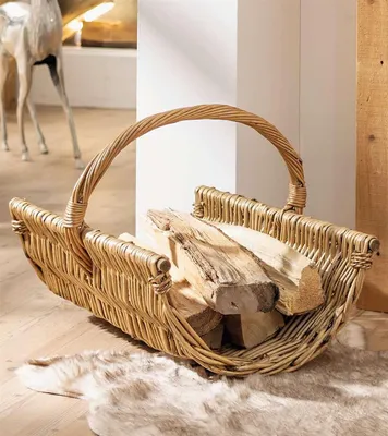 Image de Panier à bois "Trendy" en osier, marron, panier pour bois de cheminée, panier pour bois de chauffage, panier pour porter du bois